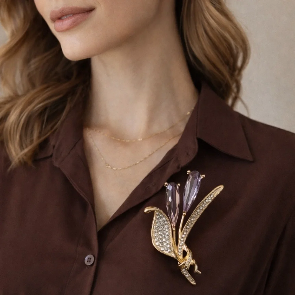 Gold-Tone Floral Crystal Brooch with Amethyst Stones